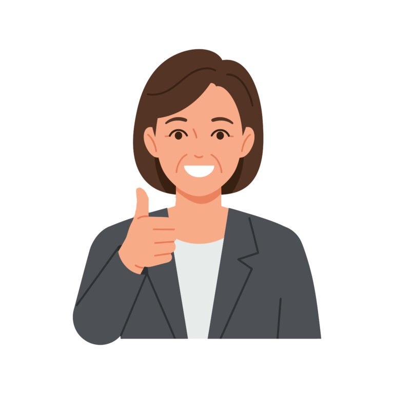 confident woman in a blazer giving a thumbs up in a flat vector illustration