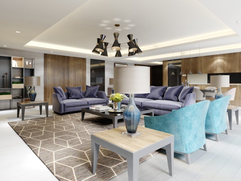 living room with purple and light green upholstered furniture wi