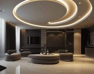room with large ceiling with large circle design